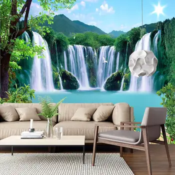 Изготовленные на заказ фрески с водопадом и лотосом Красивый природный пейзаж Лесная вода декоративная живопись Украшение дома Дерево 3D обои