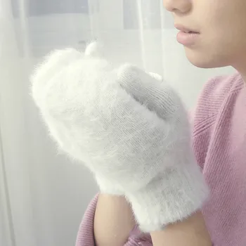 Милые шерстяные перчатки с кроликом, женские зимние варежки, меховые перчатки без пальцев, зимние перчатки, женские варежки для девочек