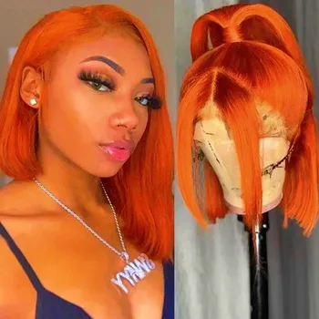 Рыжевато-оранжевый прямой парик Боб 13x4 HD Прозрачный кружевной парик спереди для женщин, светло-оранжевый прямой короткий парик Боб