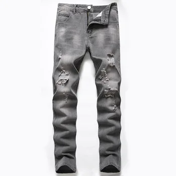 Мужские джинсы Denim Ruined, Новые серо-черные Рваные Прямые Брюки, Модные Повседневные Брюки На Каждый день, Тренд Большого Размера