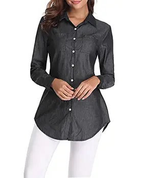 Женская рубашка из шамбре на пуговицах, хлопковая блузка с длинным рукавом, длинная джинсовая туника черного цвета, маленькая