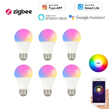 1-6 шт. Умная Лампа Tuya Zigbee E27 9 Вт Smart RGBCW LED Light Lamp, Дистанционное управление приложением Smart Life APP, Alexa Google Home, Домашняя автоматизация
