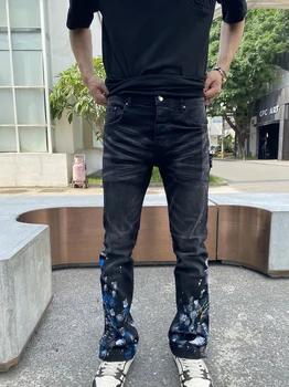 Новые черные брюки-клеш с рисунком Граффити, Джинсы, Повседневная уличная одежда, Приталенные мужские рваные джинсы, расклешенные брюки, Уличные джинсовые брюки
