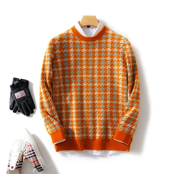 Зимний мужской свитер из 100% шерсти, пуловер в клетку с круглым вырезом, свитер в стиле ретро, повседневная свободная уличная трикотажная одежда высокого класса