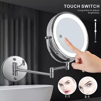 الكروم الحمام المرايا جودة النحاس LED للطي النساء ماكياج المرايا الحائط مكبرة مزدوجة الوجه LED مرآة الحمام