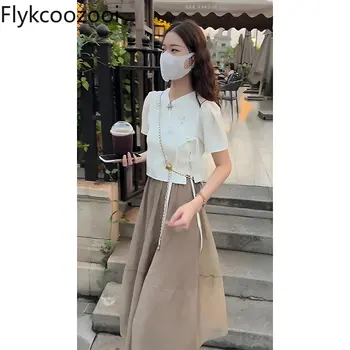 Flykcoozooi, Весенний комплект юбок, Воротник-стойка, короткий рукав, однотонные рубашки, топы, Плиссированные юбки-трапеции, Корейские модные комплекты из двух предметов