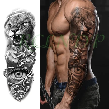 Водонепроницаемая временная татуировка наклейка острые зубы льва цветы розы большой глаз на всю руку большая поддельная татуировка флэш-тату для мужчин и женщин