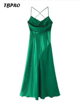 Зеленые атласные платья на подтяжках в стиле пэчворк, с V-образным вырезом, без рукавов, с перекрестной перевязью сзади, с открытой спиной, сексуальное женское платье средней длины