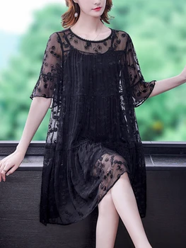 Высококачественное сетчатое платье с вышивкой в стиле ретро, женское лето 2023, свободные вечерние платья, повседневные элегантные платья-качели
