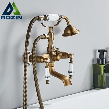 Латунный смеситель для душа в ретро-стиле Rozin с двойными ручками, настенный смеситель для ванны с ручным душем и поворотным краном для ванны