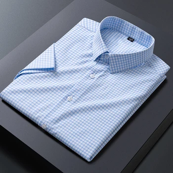 Летняя повседневная мужская рубашка в клетку в полоску 2023 года, удобная рубашка без карманов с короткими рукавами, с небольшой эластичностью и устойчивостью к морщинам