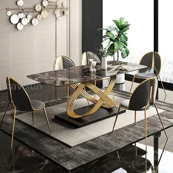 Современный обеденный стол с отделкой из нержавеющей стали, черно-белая столешница На шесть персон, Домашний прямоугольный кухонный стол из роскошного мрамора