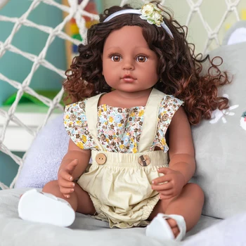 NPK 55 см очень мягкая силиконовая кукла bebe для всего тела, возрожденная девочка-малыш, игрушка baty, кукла с очень темно-коричневой кожей, каштановые волосы