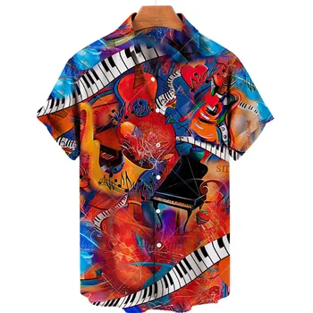 2023 Гавайская Рубашка Мужские Рубашки на Пуговицах С Мультяшным Музыкальным Инструментом Стандартный Негабаритный Свободный Пляжный Топ С 3D Принтом И Короткими рукавами 5xl
