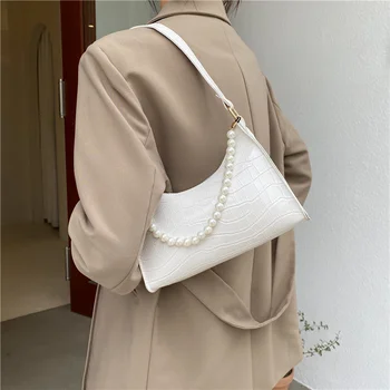 Модная женская сумка в стиле ретро из искусственной кожи, сумка через плечо с жемчужной ручкой сверху, женская маленькая подмышечная сумка, Клатч