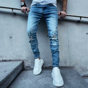 Уличная одежда; Мужские узкие джинсы с большой дыркой до колена; Повседневные молодежные брюки-карандаш Slim Fit; Мужские модные светло-голубые джинсовые брюки