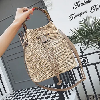 Женская соломенная сумка-ведро на шнурке, Летняя тканая сумка для покупок через плечо, пляжная сумочка, сумки для путешествий 