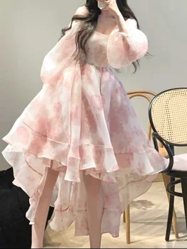Милое цветочное платье Y2k, женское пляжное платье с длинным рукавом, модное платье для вечеринки, Офисное Женское цельное платье, Корейский шик 2023, лето