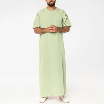 Мужской мусульманский халат на молнии С коротким рукавом, рубашка Джубба Тобе, Дубайский кафтан, Абайя, Исламская одежда для Рамадана