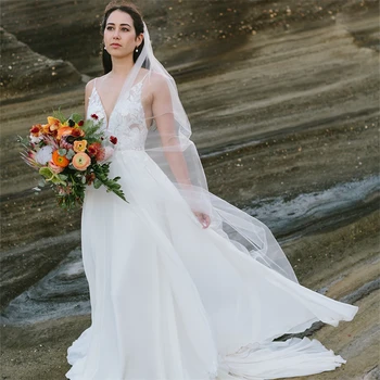 15407 # Элегантное шифоновое свадебное платье трапециевидной формы на тонких бретельках, иллюзионная цветочная аппликация, свадебное платье с глубоким вырезом на спине, изготовленное на заказ