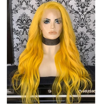 Бесклеевые желтые светлые волнистые синтетические парики длиной 26 дюймов 13Х4 на кружеве спереди для чернокожих женщин, которые ежедневно носят прозрачные кружевные парики