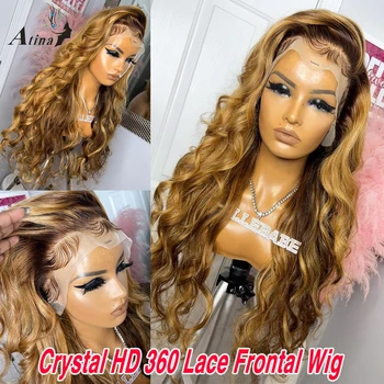Кружевной парик с кристаллами 360, объемная волна из человеческих волос, Бразильское Невидимое омбре, изюминка коричневого цвета, HD Прозрачный кружевной фронтальный парик