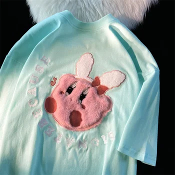 Kirby Kawaii, Японская Хлопковая футболка с короткими рукавами в стиле ретро с кроликом, Женская Свободная Футболка в стиле Шик Гонконг, Топ с коротким рукавом