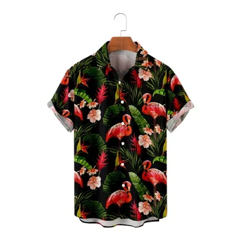 Новые рубашки, мужские гавайские рубашки 2023, Летние пляжные рубашки для отдыха, журавль с красной короной, Цветочный принт, рубашка с коротким рукавом, топ 4XL