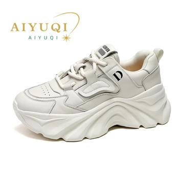 Женские кроссовки AIYUQI на платформе, Новинка 2023 года, женская обувь на шнуровке из натуральной кожи, Легкая повседневная спортивная обувь на толстой подошве, Женская обувь
