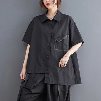 2023 Новое поступление, Черно-Белая Летняя блузка в японском стиле с коротким рукавом, рубашки нерегулярной формы, Уличная мода, Женская Повседневная блузка
