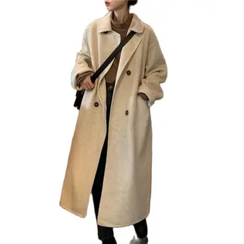 Модное Корейское шерстяное пальто, новинка 2023 года, осенне-зимняя ветровка из смесовой шерсти, верхняя одежда, Длинный Свободный двубортный пиджак, женский пиджак.