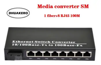 бесплатная доставка AB292 оптоволоконный медиаконвертер трансивер SM 1 волокно + 8 RJ45 100M
