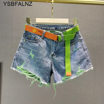Женские летние Тонкие сексуальные джинсовые шорты с дырками контрастного зеленого цвета, модные женские свободные рваные джинсы с высокой талией, горячие брюки, уличная одежда