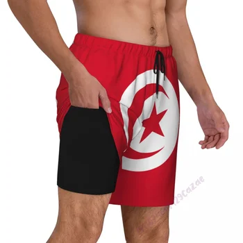 Мужские плавки с 3D-изображением флага страны Тунис с компрессионной подкладкой 2 в 1, быстросохнущие шорты для плавания с карманами для летнего подарка