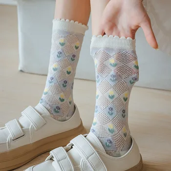 1 пара носков до середины икры в стиле Харадзюку, Шелковые носки из корейского стекла 