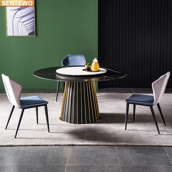 Роскошный дизайнерский обеденный стол из круглой мраморной плиты, 8 стульев, мебель mesa de jantar tablo, нержавеющая сталь, золотое основание