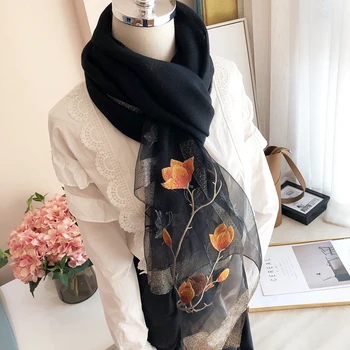 Ханчжоу Китай натуральный шелк шерсть Вышивка Магнолия шарф Женская шаль орнамент размер: 85*200 см (химчистка)
