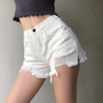 Сексуальные мини-шорты, женские джинсовые шорты с кисточками и рваными дырками, повседневные трапециевидные однотонные Летние Широкие джинсы, Короткая женская уличная одежда