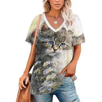 Летняя женская футболка с принтом котенка и цветов, винтажная футболка, топ с коротким рукавом