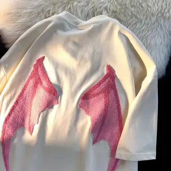 Готический маленький дьявол с буквенной флокированной вышивкой, футболка с короткими рукавами, женская летняя свободная футболка 2023 y2k, уличная женская одежда