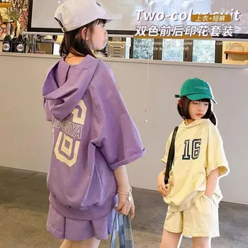 Летние новые модные детские комплекты для девочек 2023 года для детей 7, 8, 9, 10, 11, 12 лет, Корейская версия толстовки и шорт, костюм-двойка