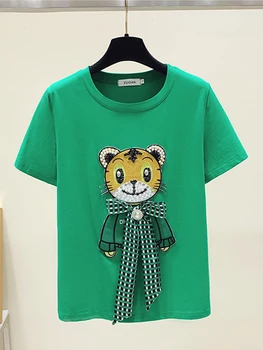 Высококачественная футболка с вышивкой бантом и бриллиантами, женская футболка Harajuku 2023, Летние хлопковые футболки с короткими рукавами и круглым вырезом с героями мультфильмов