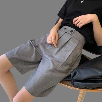 Корейские офисные костюмы, шорты для женщин, модные двойные брюки с высокой талией, брюки до колен, женские летние повседневные короткие