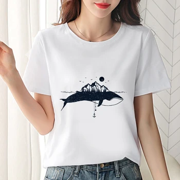 2019 Новая летняя футболка с принтом дельфина universe faith Harajuku, Женская футболка С круглым вырезом и коротким рукавом, Белые Топы, Женская одежда