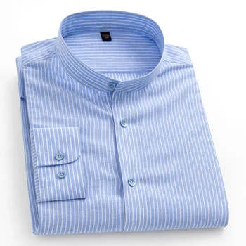 весенне-летняя мужская рубашка с длинным рукавом и воротником-стойкой, стильная повседневная рубашка, качественная светло-голубая приталенная мужская деловая рубашка в полоску