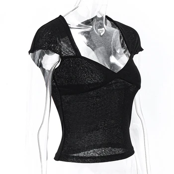 Летние сексуальные топы с квадратным воротником и открытой спиной для женщин, укороченные футболки с коротким рукавом, Элегантная женская прозрачная уличная одежда A30
